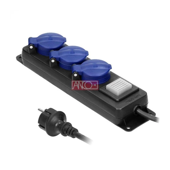 Elosztó 3-as kapcsolóval H05RR-F3x1,5mm2 IP44 fekete 3m Anco 3680W (321777)