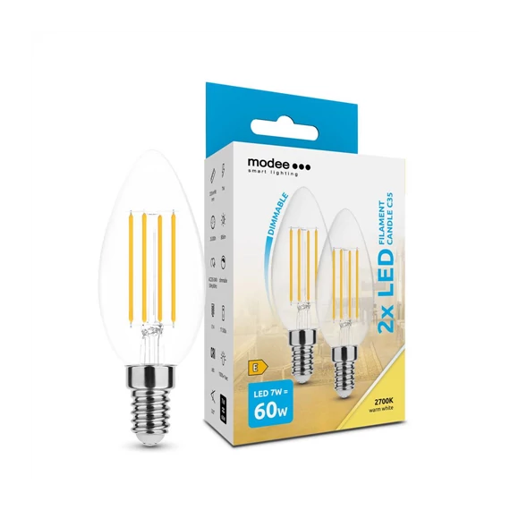 LED izzó Filament 7W E14 2700K 806lm gyertya dimm. 2db (ML-CF2700K7WE14DB2)