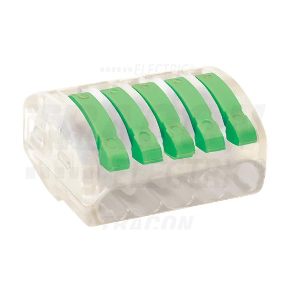 Vezetékösszekötő, nyitható átlátszó csavar nélküli 0,75-4mm2, 32A, 400VAC 5P (OVOT2,5-5)