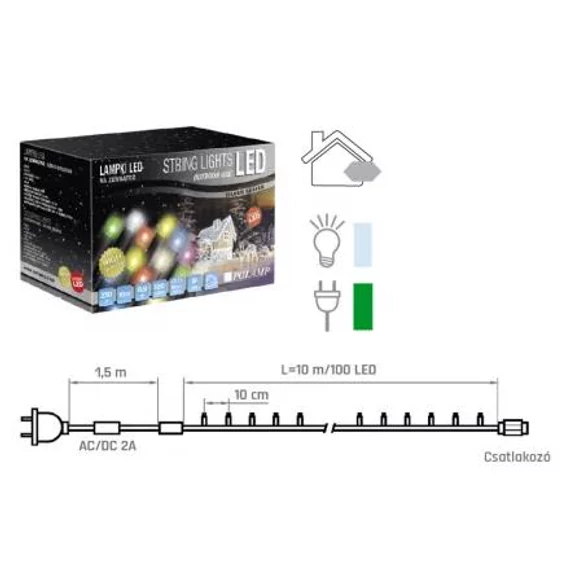 LED füzér 10m zöld kábel hidegf. Polamp 