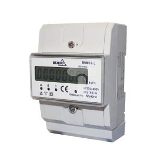 Fogyasztásmérő elek.kijelzővel 5A, 80A, 0,01kWh, 6+2tizedes, 3P Bemko  A30-BM030-L