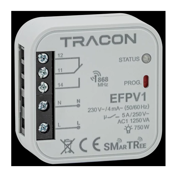 Rádiós jelvevő egység, szerelvénydobozba, 1 csatornás 230V, 50Hz, 1x5A, 1NO/NC, 868.32 MHz (EFPV1)