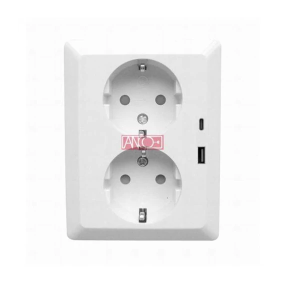 Dugalj 2-es földelt sülly.+ 2USB A+C 5VDC/3A  fehér Orno (321663)