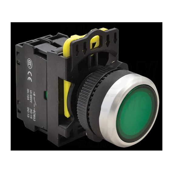 Világító nyomókapcsoló, zöld 1×NO, 5A/230V AC-15, IP65, LED 230V AC/DC