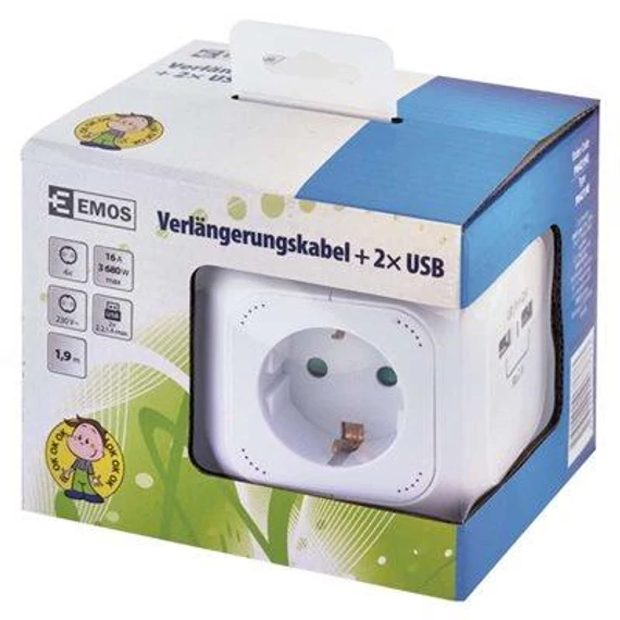 Hálózati elosztó kocka, 4 aljzat, 2 USB, 1,9m, SCHUKO EMOS