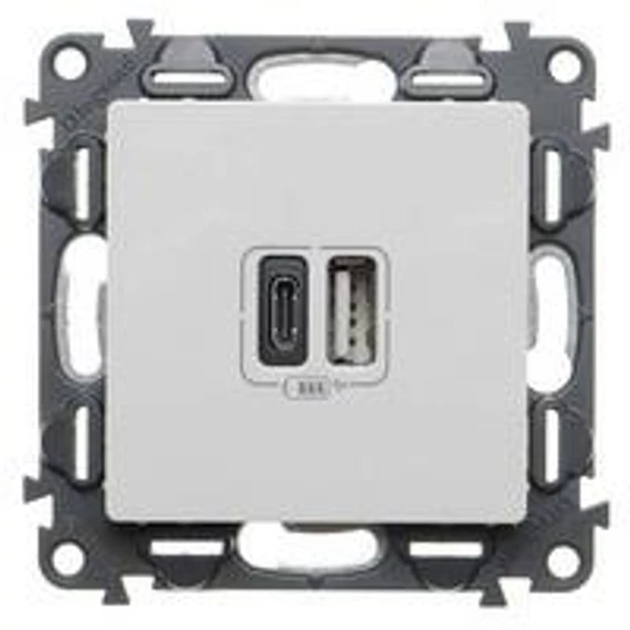 Valena Life fehér Töltőaljzat Kettős USB C-típusú + USB A-típusú csatlakozóval, 5V–3A–15W, Túlfesz-védelem >1kW, Class II SELV, 753106 Legra