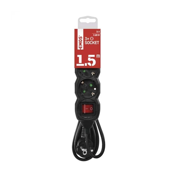 Hármas elosztó +kapcsoló 3x1,5mm2 1,5m kábel fekete (PC1321R)