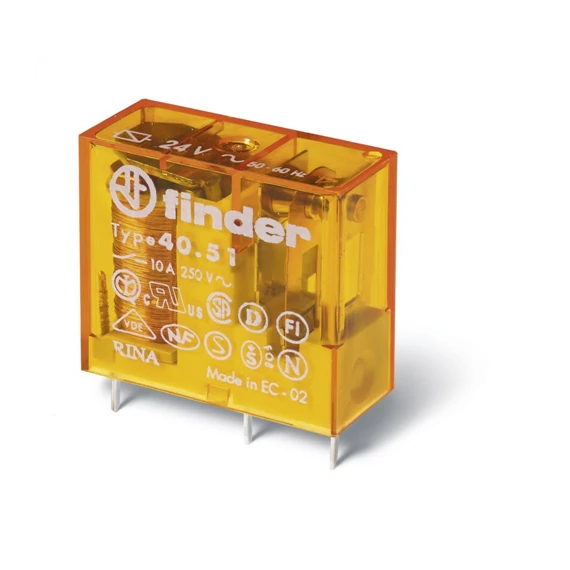 Relé Finder miniatür print 10A 1váltó 24VAC (40518024)