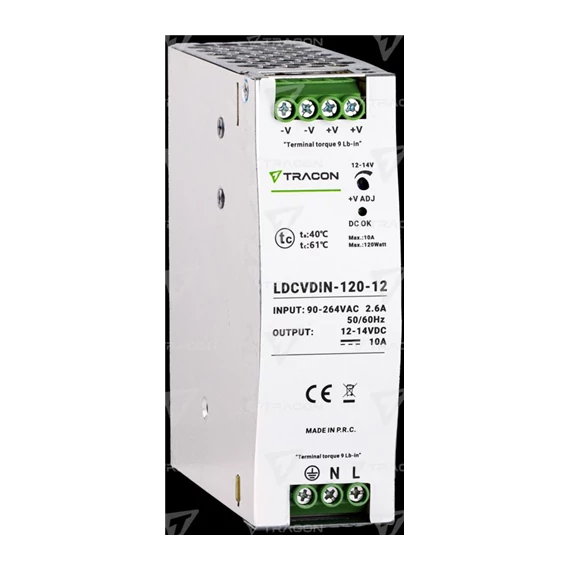 Tápegység DIN sínre szerelhető szabályozható DC kimenettel 100-200VAC, 2,6A/DC12V, 10A/120W (LDCVDIN-120-12) 