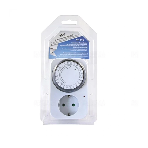 Kapcsolóóra mechanikus (időzítő) napi, fehér, max.3600W, 220-240V, 16A, 24órás, 48 be kikapcsolás, 15 perces Stilo (STI375)