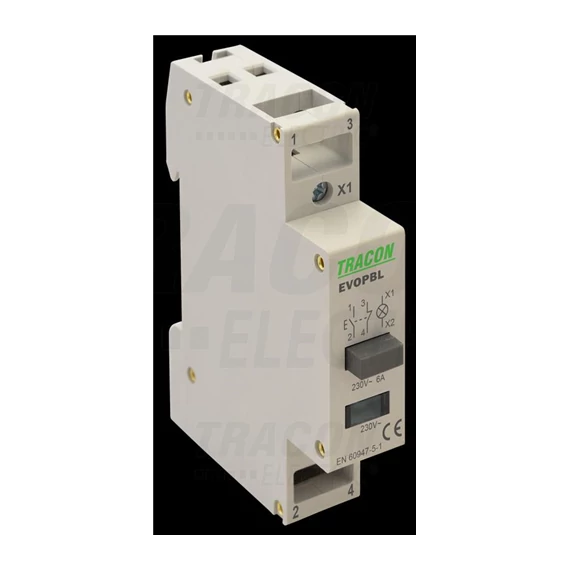 Moduláris nyomógomb 230V, 50Hz, 2NO, Ith:16A, AC-14, Ie:6A jelzőfénnyel EVOPBL 