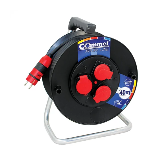 COMMEL PVC kábeldobos hosszabító, 40m, 3x2,5mm2 H05RR-F, 3db csapfedeles csatlakozó, 250V, 16A, IP44 (0982)