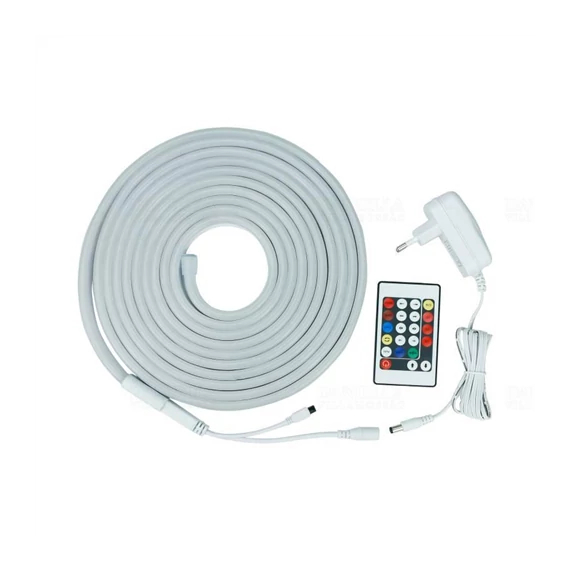 LED szalag neonflex RGB szett távirányítóval, tápegységgel, 5m, IP65,12V DC, 4,8W/m, 300lm/m, 120LED/m (DEL1637) AKCIÓ!