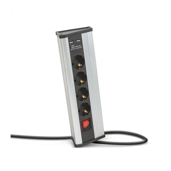 Sarok elosztó 4x250V 16A 2xUSB kapcsolóval alu (20484S)