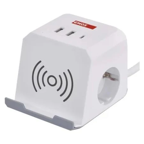 Hosszabbító - kocka 2 m / 2 aljzat / fehér / 2×USB-A+1×USB-C+Qi / 1,5 mm2 (P0222CQ)