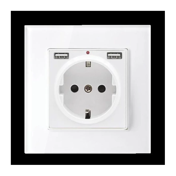 Üveg dugalj fehér 16A 2xUSB (195018/WH)
