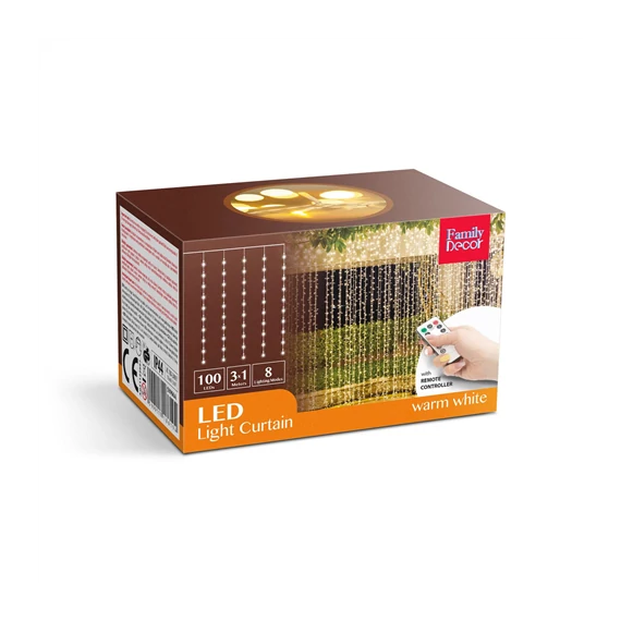 Kar. LED Fényfüggöny - 100db melegfehér LED-del - 3 x 1 m - 230V - távirányítós (58906A) 