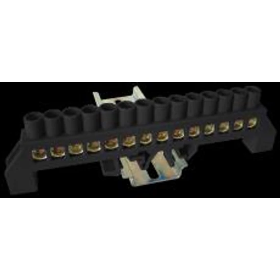 Szigetelt földelősín (N/PE) 230/400VAC, 100A, 8×12mm, 14P, IP20, fekete (NPE-BK8-14)