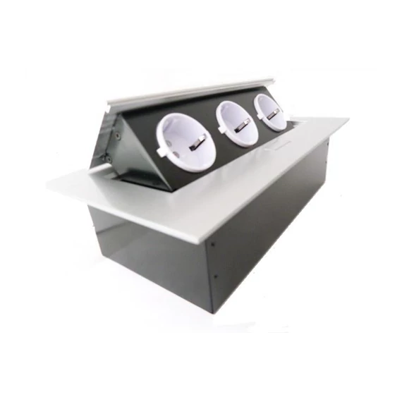 Elosztó 3x(2P+F) 230V IP20, asztalba süllyeszthető gombbal nyitható ezüst max3600W (GTV-AE-PB03GS-53N)