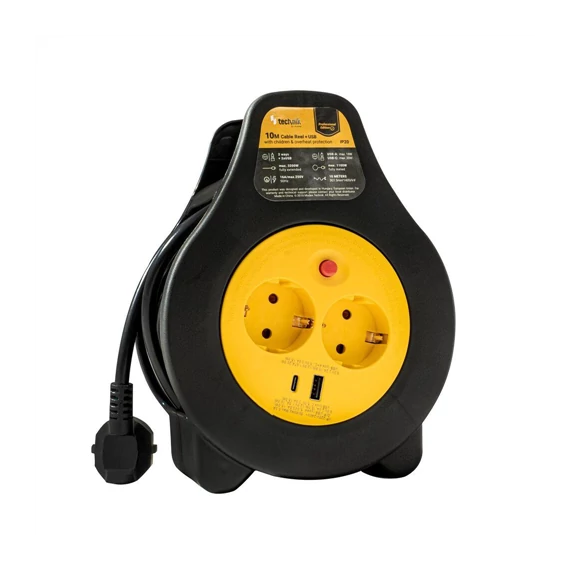 Kábeldob 2 utas 10m +1 x USB-A +1 x USB-C 1,5mm2 16A Technik Professional (MT2K10M1,5-F)