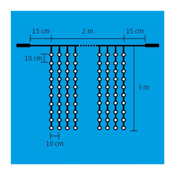 Fényfüggöny 2x3m / 600db melegfehér LED, állófényű, fehér vezeték, sorolható IP44 (DLF 600/WW)