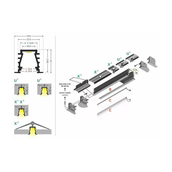 Led szalaghoz alu profil DEEP10 eloxált 2m/szál (96030020) Topmet