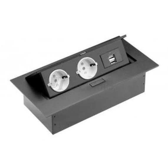 Elosztó 2x230V+2USB asztalba sülly.gombal nyitható fekete (AE-PBU02GS-20) 