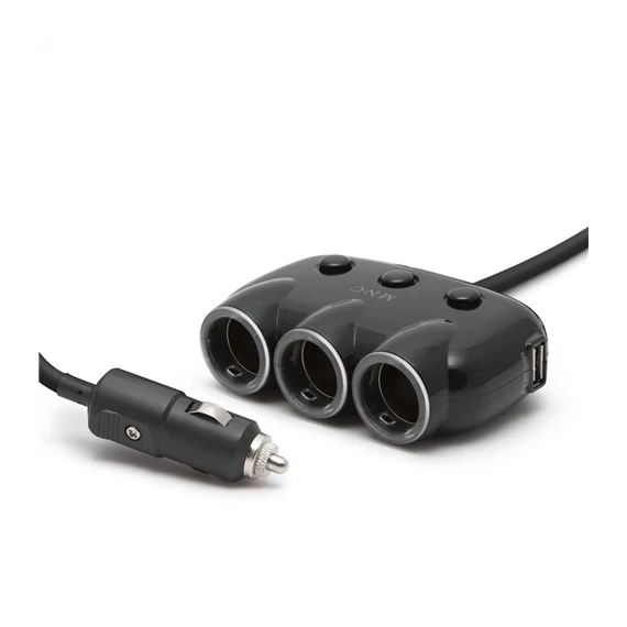 Szivargyújtó aljzatba csatlakoztatható 3-as elosztó + 2xUSB
