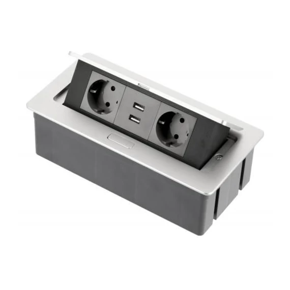 Elosztó 2x230V+2xUSB 2,1A, asztalba sülly. ezüst SCHUKO (AE-PBSUC2GS-53)
