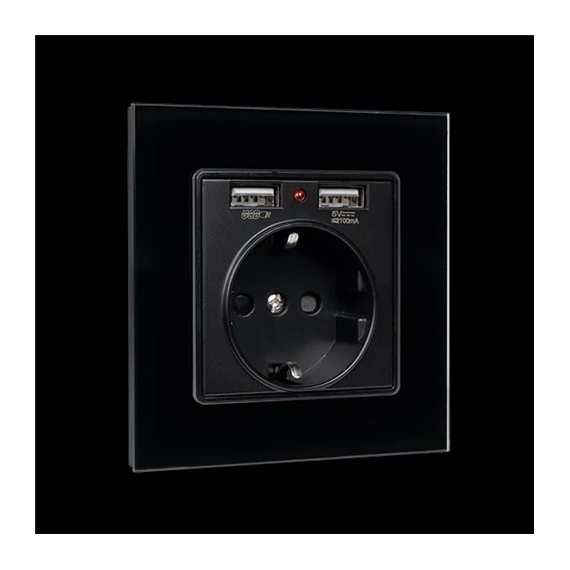 Üveg dugalj fekete 16A 2xUSB (195018/BL)