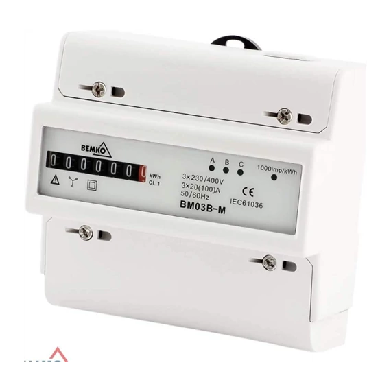 Fogyasztásmérő mech.kijelzővel 20A, 100A, 0,1kWh, 6+1tizedes, 3P Bemko 