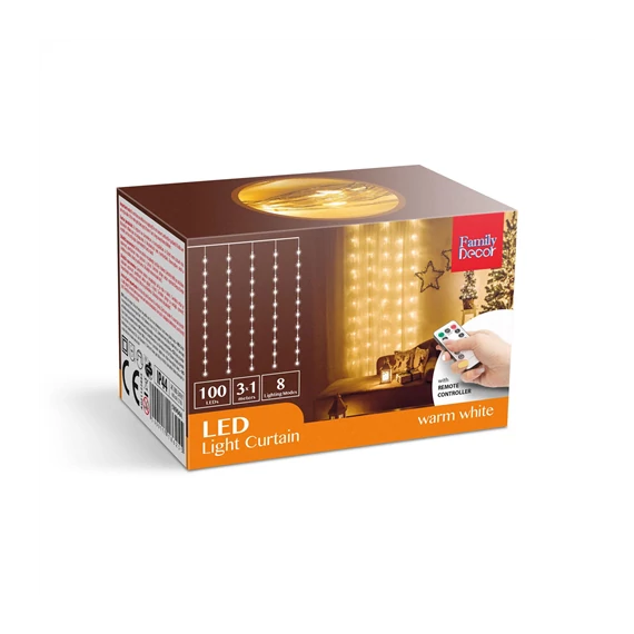 Kar. LED Fényfüggöny - 100db melegfehér LED-del - 3 x 1 m - 230V - távirányítós (58904A)